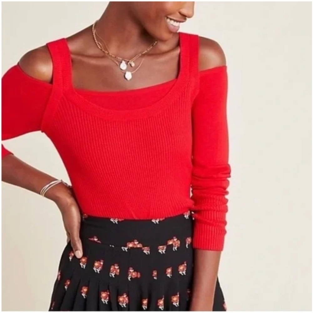 Anthropologie Jamie Open Shoulder Square Long Sleeve Red Knit Top Sweater Medium